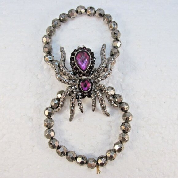 Silver Tone Spider Stretch Bracelet with Purple Accents - Picture 2 of 11